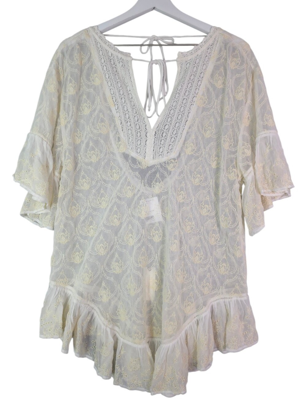 By Anthropologie The Deco Flutter Sleeve Sheer Open Back Tunic Top - Cream - Picture 4 of 12